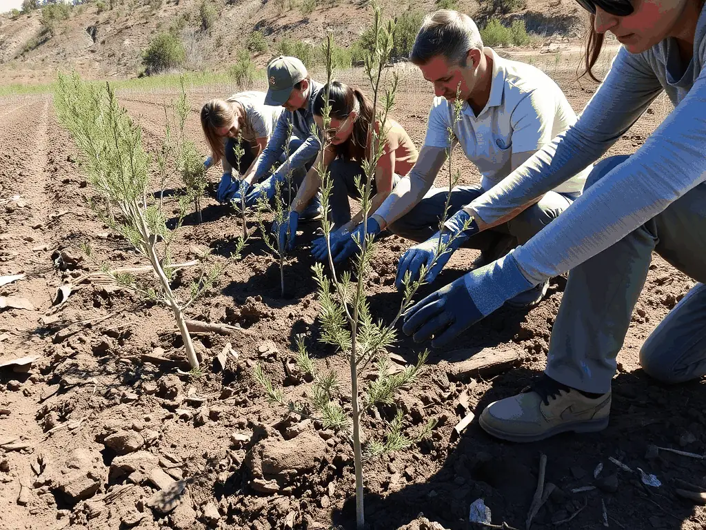 A serene landscape featuring a group of volunteers planting native trees to restore a degraded habitat, symbolizing habitat conservation efforts.