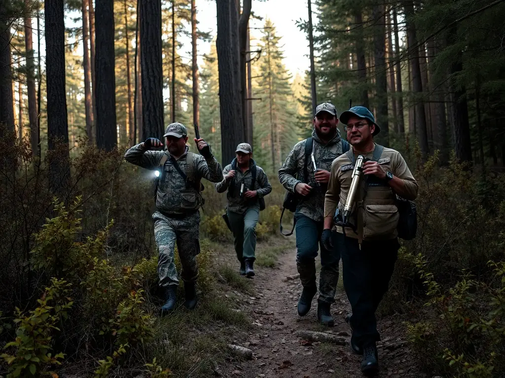 An image depicting rangers patrolling a forest area, equipped with binoculars and communication devices, to prevent poaching activities.