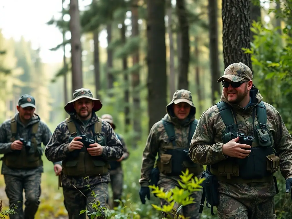 A determined individual patrolling a forest area, representing the anti-poaching efforts of SOCIETE AMICALE DES PROPRIETAIRES CHASSEURS REUNIS DE LA COMMUNE DE MONTEMBOEUF.