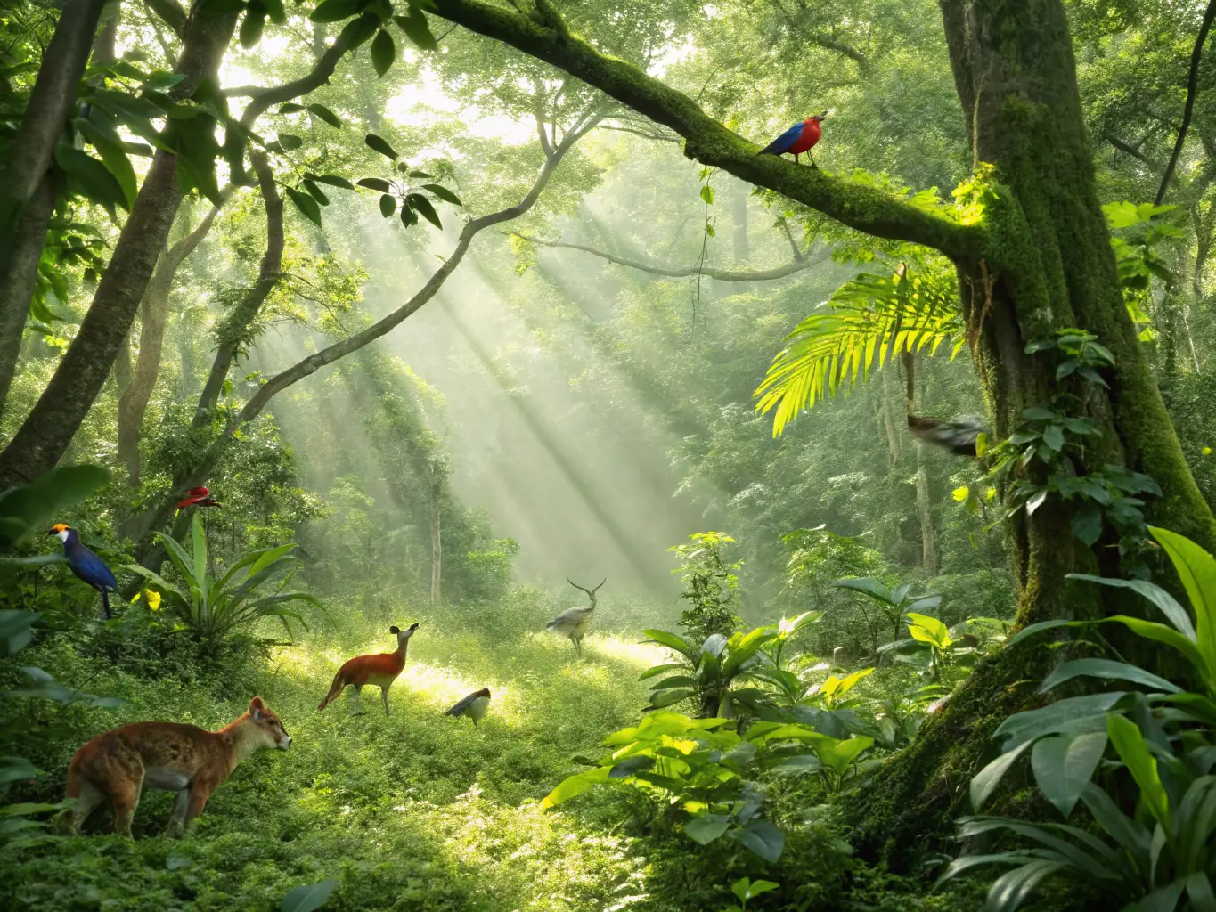 A lush green forest scene with diverse wildlife, symbolizing habitat conservation efforts by SOCIETE AMICALE DES PROPRIETAIRES CHASSEURS REUNIS DE LA COMMUNE DE MONTEMBOEUF.