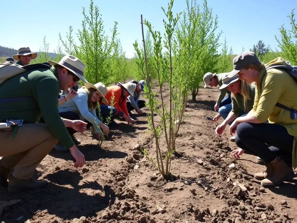 A group of volunteers planting trees in a forest, with sunlight filtering through the leaves.